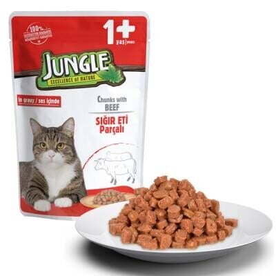 Jungle Pouch Sığır Eti Parçalı Soslu Yetişkin Kedi Konservesi 100 Gr