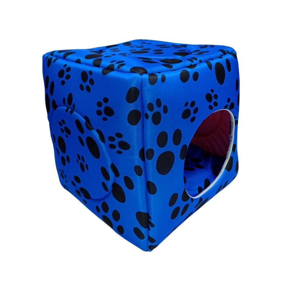 BioSand Pati Desenli Üç Fonksiyonlu Kedi Yatağı Mavi