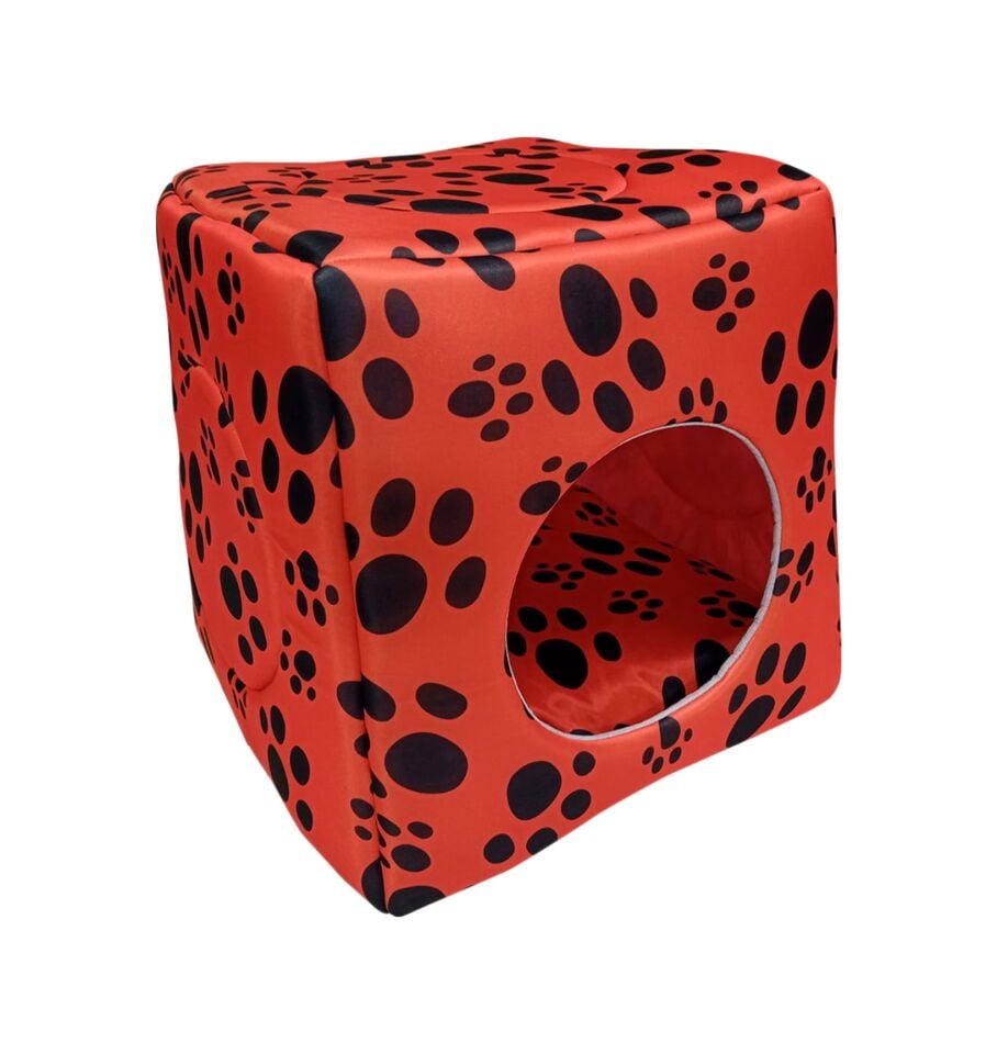 BioSand Pati Desenli Üç Fonksiyonlu Kedi Yatağı Kırmızı