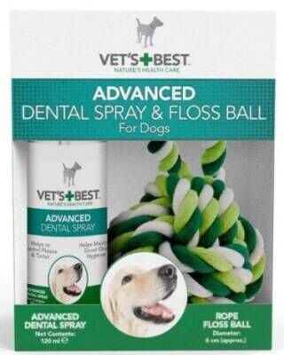 VET'S BEST Köpek Ağız ve Diş Bakım Spreyi 120 ml ve Diş Temizleyici Halat Top 16 cm (2'li Set)