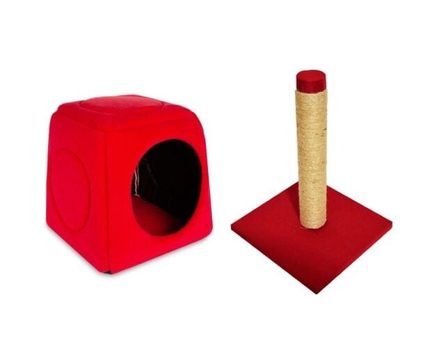 Biosand Üç Fonksiyonlu Kedi Yatağı ve Tırmalama Seti Kırmızı
