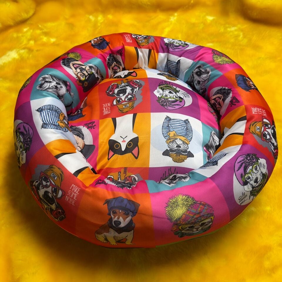 Bio Sand Kedi Köpek Desenli Simit Kedi Yatağı 50 CM Çok Renkli