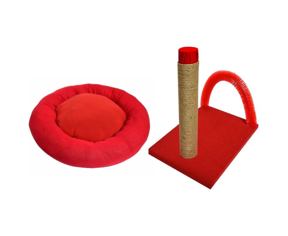 BioSand BS-SET05 Simit Kedi Yatağı ve Kaşımalı Tırmalama Seti Kırmızı