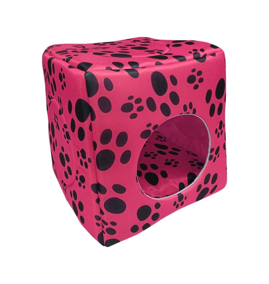 BioSand Pati Desenli Üç Fonksiyonlu Kedi Yatağı Fuşya