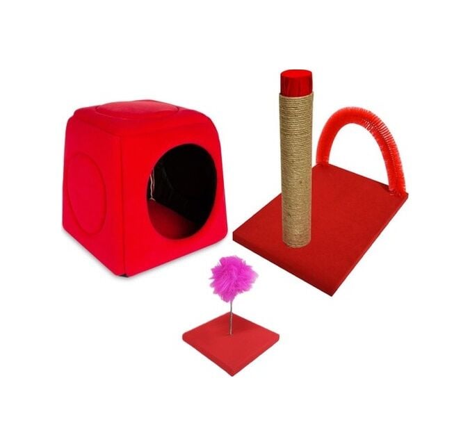 Biosand Kedi Yatağı - Kaşımalı Tırmalama - Hacıyatmaz Seti Kırmız