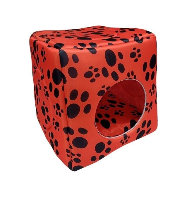 Bio Sand Biosand Pati Desenli Üç Fonksiyonlu Kedi Yatağı Kırmızı