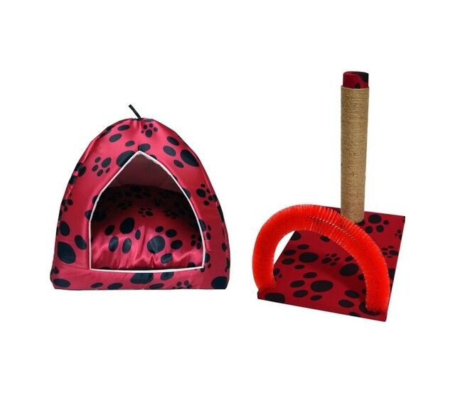 Biosand Eskimo Kedi Yatağı ve Kaşımalı Tırmalama Seti Kırmızı Pat