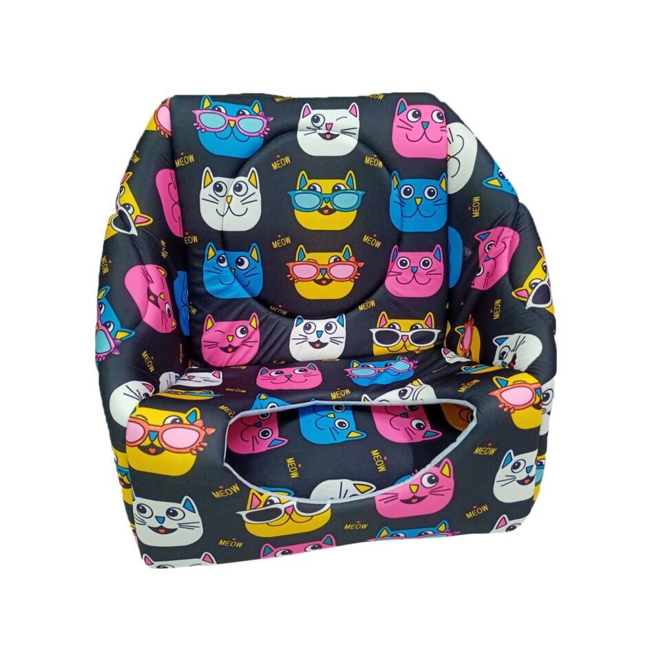 BioSand Kedi Desenli Üç Fonksiyonlu Kedi Yatağı Siyah