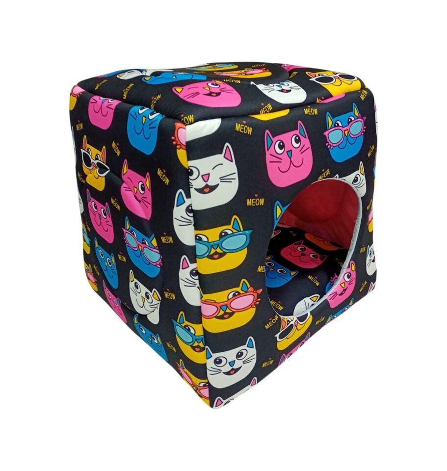 BioSand Kedi Desenli Üç Fonksiyonlu Kedi Yatağı Siyah