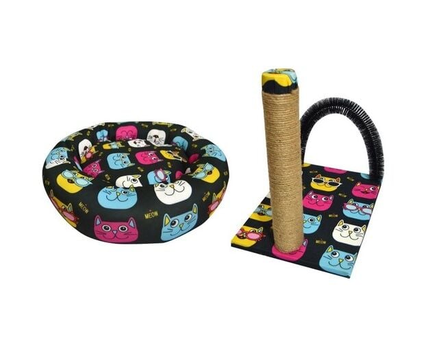 Biosand Simit Kedi Yatağı ve Kaşımalı Tırmalama Seti Kedi Desenli