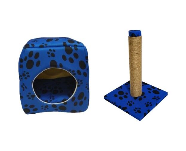 Biosand Üç Fonksiyonlu Kedi Yatağı ve Tırmalama Seti Mavi Patili