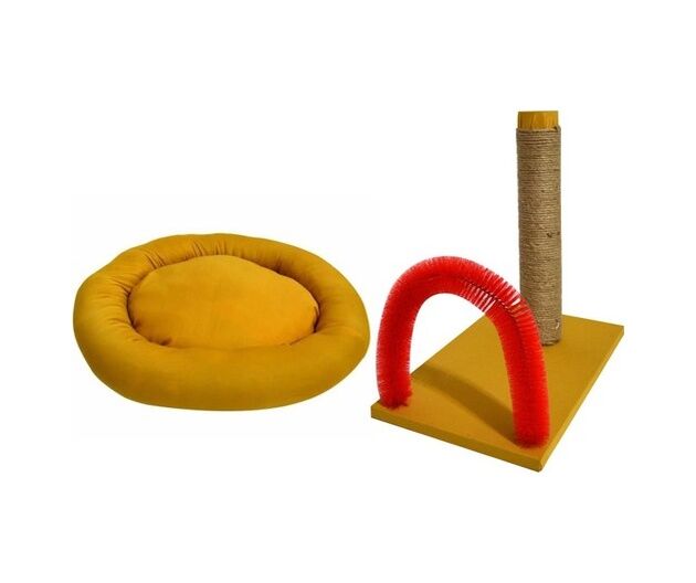 Biosand Simit Kedi Yatağı ve Kaşımalı Tırmalama Seti Sarı