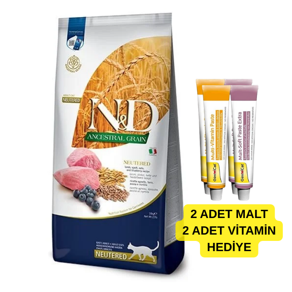 ND Düşük Tahıllı Kuzu Etli ve Yaban Mersinli Kısırlaştırılmış Yetişkin Kedi Maması 10 Kg