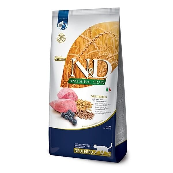 ND Düşük Tahıllı Kuzu Etli ve Yaban Mersinli Kısırlaştırılmış Yetişkin Kedi Maması 10 Kg