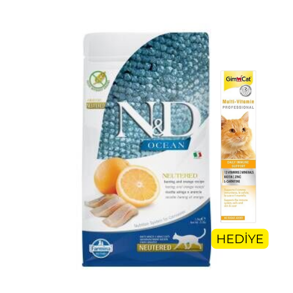 N&D Ocean Tahılsız Ringa Balığı ve Portakallı Kısırlarştırılmış Kedi Maması 1,5 kg