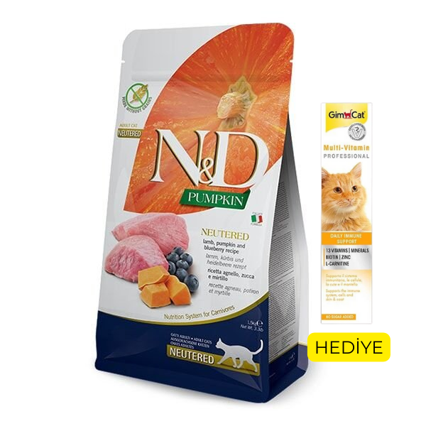 ND Tahılsız Bal Kabaklı Kuzu Etli ve Yaban Mersinli Kısırlaştırılmış Yetişkin Kedi Maması 1,5 Kg