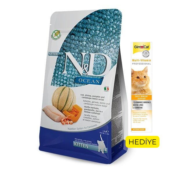 ND Ocean Morina Balığı Bal Kabağı Karides ve Kavunlu Tahılsız Yavru Kedi Maması 1,5 Kg