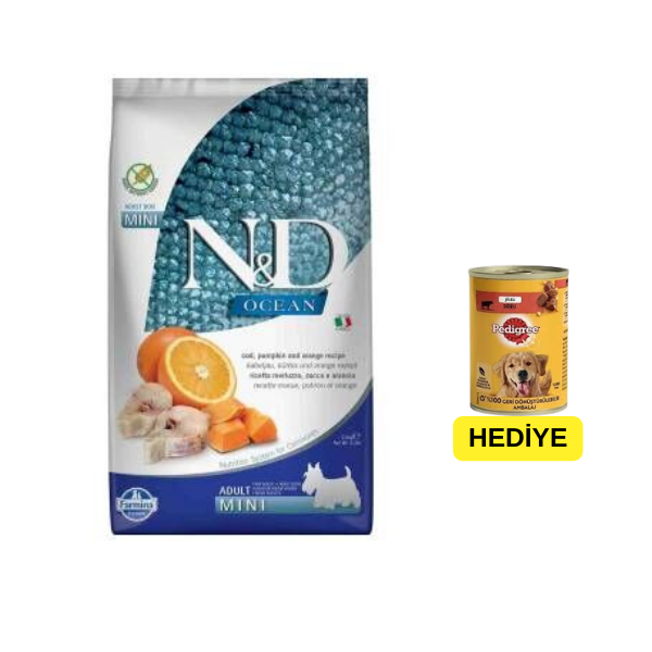 N&D Ocean Balkabaklı Morina Balıklı ve Portakallı Tahılsız Küçük Irk Yetişkin Köpek Maması 2,5 kg