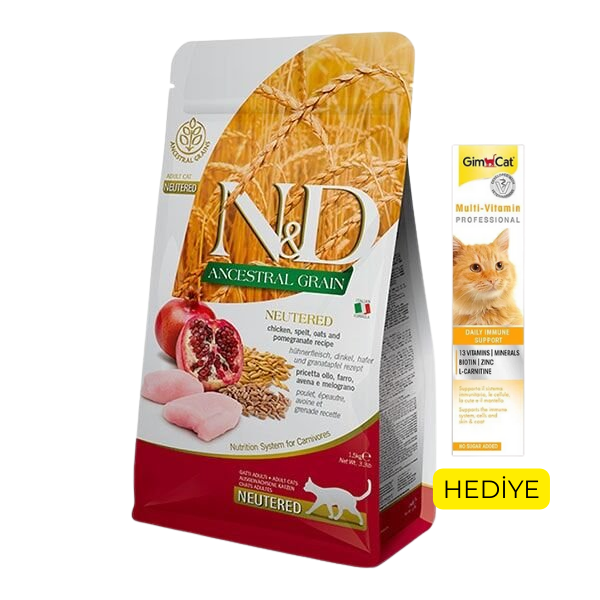 ND Düşük Tahıllı Tavuk Etli ve Narlı Kısırlaştırılmış Yetişkin Kedi Maması 1,5 Kg
