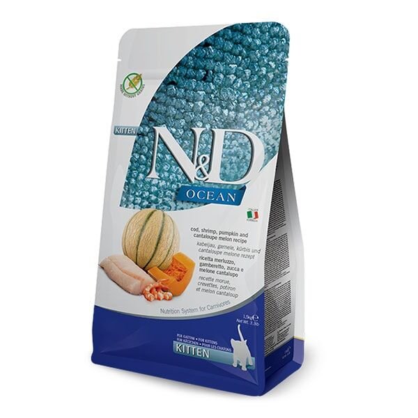 ND Ocean Morina Balığı Bal Kabağı Karides ve Kavunlu Tahılsız Yavru Kedi Maması Paketten Bölme 1Kg