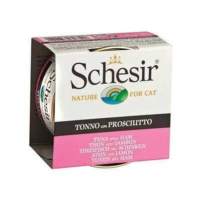 Schesir Jel Ton Balıklı ve Jambonlu Konserve Yetişkin Kedi Maması 85 gr