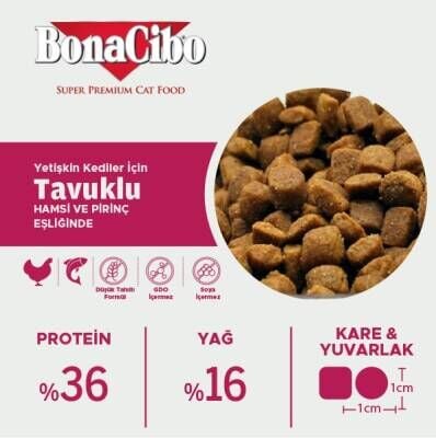 BonaCibo Adult Cat Tavuklu (Hamsi ve Pirinç Eşliğinde) Yetişkin Kedi Maması 15 kg