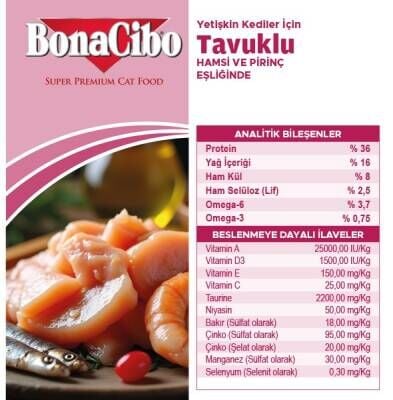 BonaCibo Adult Cat Tavuklu (Hamsi ve Pirinç Eşliğinde) Yetişkin Kedi Maması 15 kg