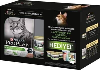 Pro Plan Sterilised Kısırlaştırılmış Kediler İçin Somonlu Kedi Maması 1,5 kg + Adet Konserve Hediyeli Paket
