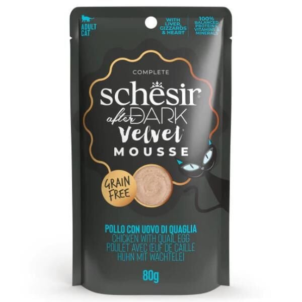 Schesir After Dark Velvet Mousse Tavuklu ve Bıldırcın Yumurtalı Yetişkin Kedi Pouch Yaş Maması 80 gr