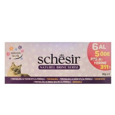 Schesir Naturel Brine Serisi Balıklı ve Tavuklu Yetişkin Kedi Konserve Maması 85 gr (6 AL 5 ÖDE)