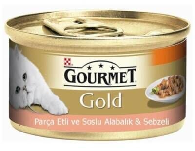 Gourmet Gold Parça Etli Soslu Alabalık ve Sebzeli Konserve Yetişkin Kedi Maması 85 gr