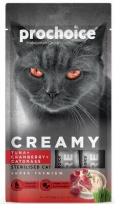 Prochoice Creamy Kısırlaştırılmış Kediler İçin Ton Balıklı Kızılcıklı Kedi Çimi İçerikli Sıvı Kedi Ödül 4 X 15 gr